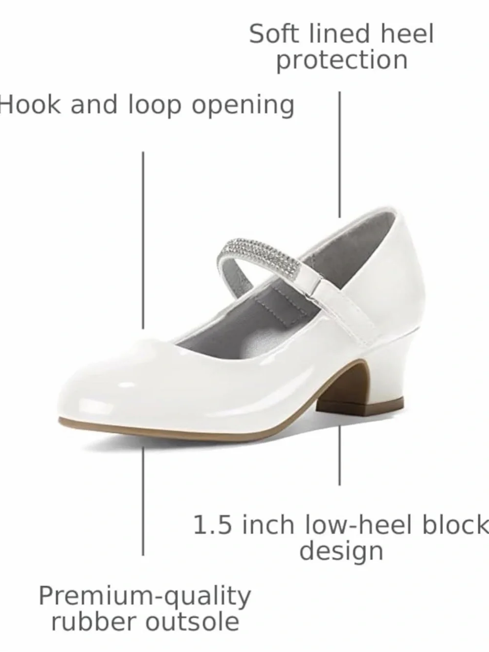 Girls' White Patent Mary Jane Dress Heels with Rhinestone Strap